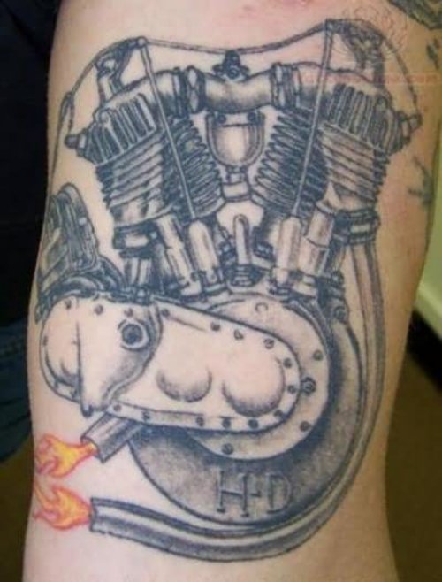 Grey Ink Harley Davidson Pistons Tattoo